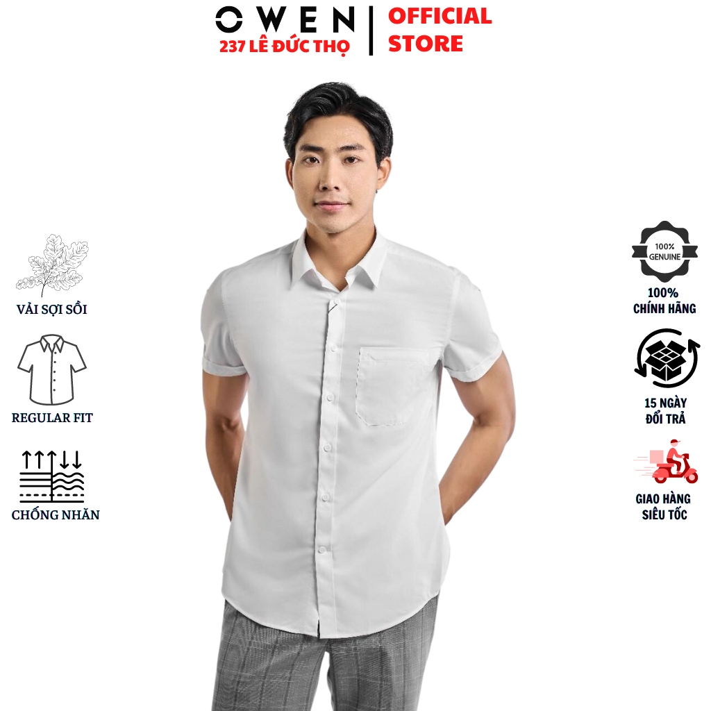 Áo sơ mi trắng trơn ngắn tay nam OWEN AR230328NT somi cộc công sở vải sợi sồi cao cấp form regular fit tà lượn có túi