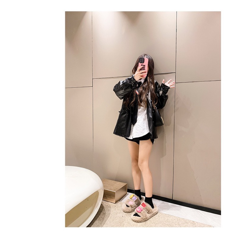Dép lông nữ hoạ tiết gấu dâu siêu Cute, Đế cao 4cm tôn dáng, nâng chiều cao