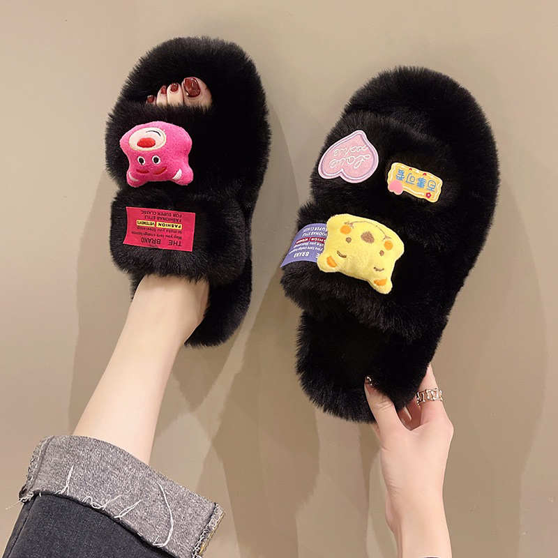 Dép lông nữ hoạ tiết gấu dâu siêu Cute, Đế cao 4cm tôn dáng, nâng chiều cao