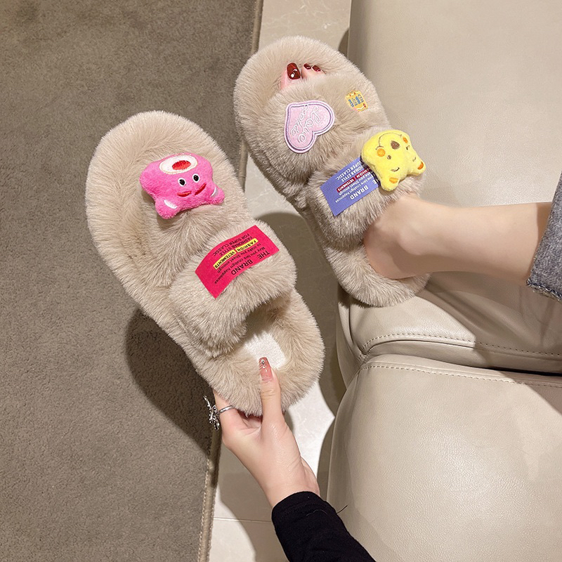 Dép lông nữ hoạ tiết gấu dâu siêu Cute, Đế cao 4cm tôn dáng, nâng chiều cao