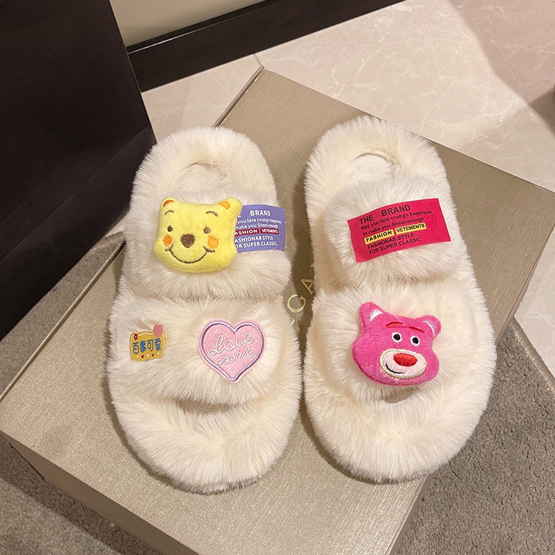Dép lông nữ hoạ tiết gấu dâu siêu Cute, Đế cao 4cm tôn dáng, nâng chiều cao