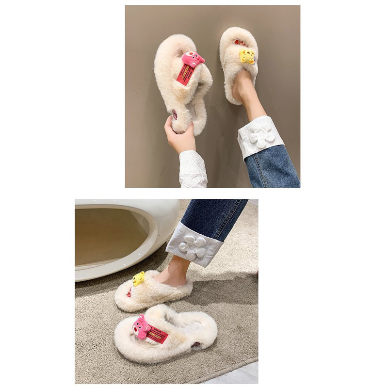Dép lông nữ hoạ tiết gấu dâu siêu Cute, Đế cao 4cm tôn dáng, nâng chiều cao