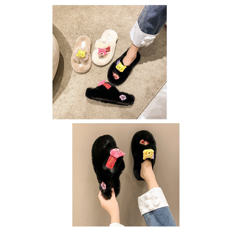 Dép lông nữ hoạ tiết gấu dâu siêu Cute, Đế cao 4cm tôn dáng, nâng chiều cao