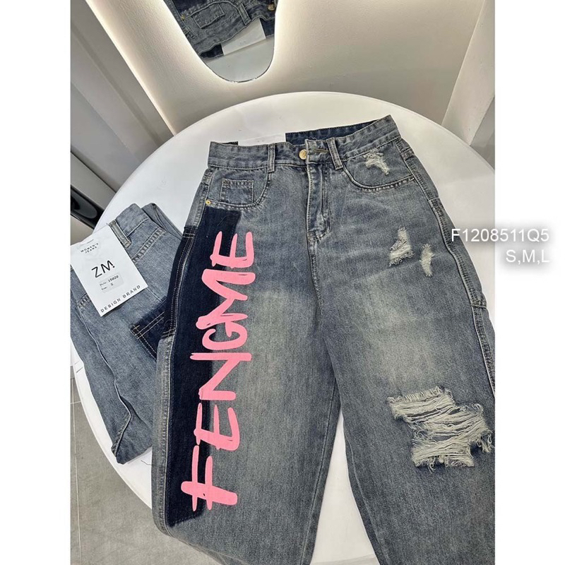 Quần baggy jean mài rách in bên lưng cao 0823 thaotranshop90 [kèm ảnh thật chụp sàn]