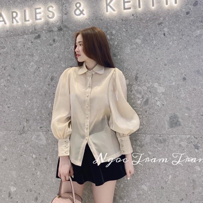ÁO SƠ MI PHI LỤA BÓNG PHỐI CÚC BỌC SANG CHẢNH