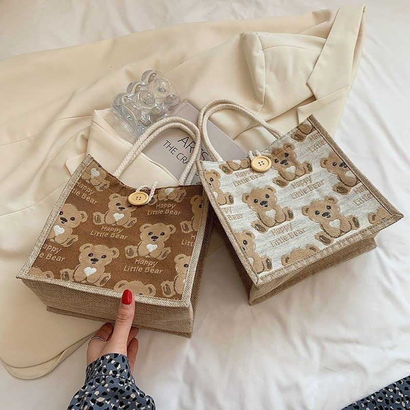 Túi xách nữ túi tote cói mini hình gấu dễ thương đi chơi đi biển cá tính