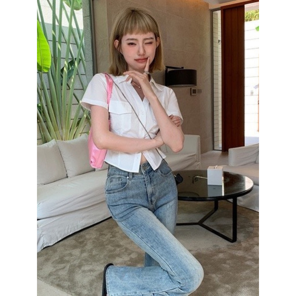 Áo Sơ Mi Kiểu Tay Ngắn Phối Hàng Cúc Có Túi 2 Bên Đơn Giản