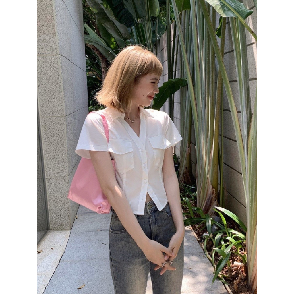 Áo Sơ Mi Kiểu Tay Ngắn Phối Hàng Cúc Có Túi 2 Bên Đơn Giản