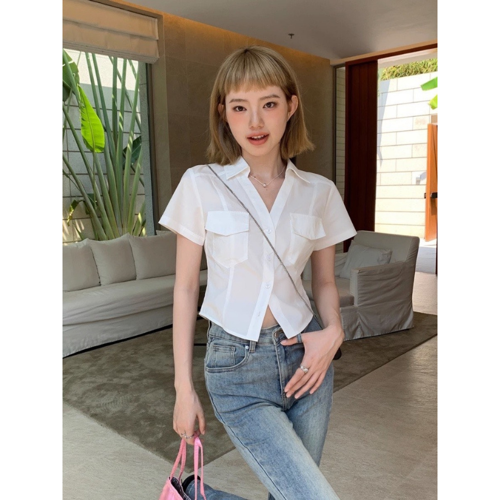 Áo Sơ Mi Kiểu Tay Ngắn Phối Hàng Cúc Có Túi 2 Bên Đơn Giản