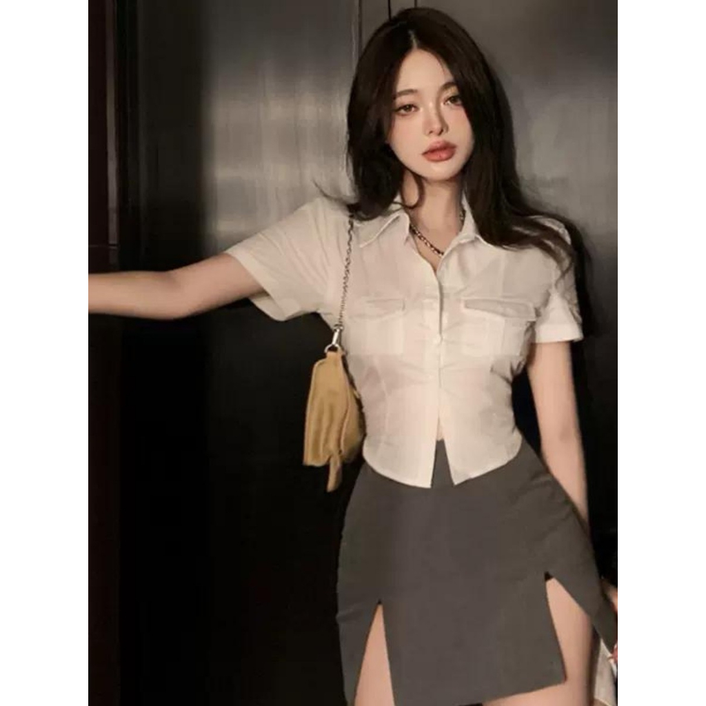 Áo Sơ Mi Kiểu Tay Ngắn Phối Hàng Cúc Có Túi 2 Bên Đơn Giản
