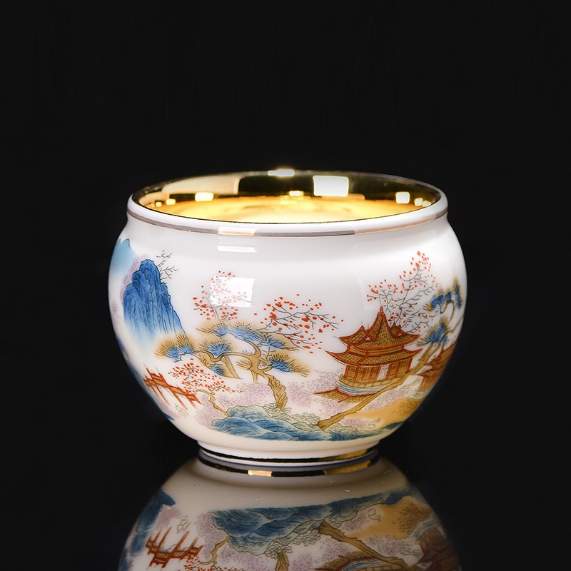 Chén Chủ Nhân Sứ Cảnh Đức Vẽ Tay Thủ Công Dung Tích 160 ml, Lòng Chén Dát Vàng 24K Độc Đáo AX3338