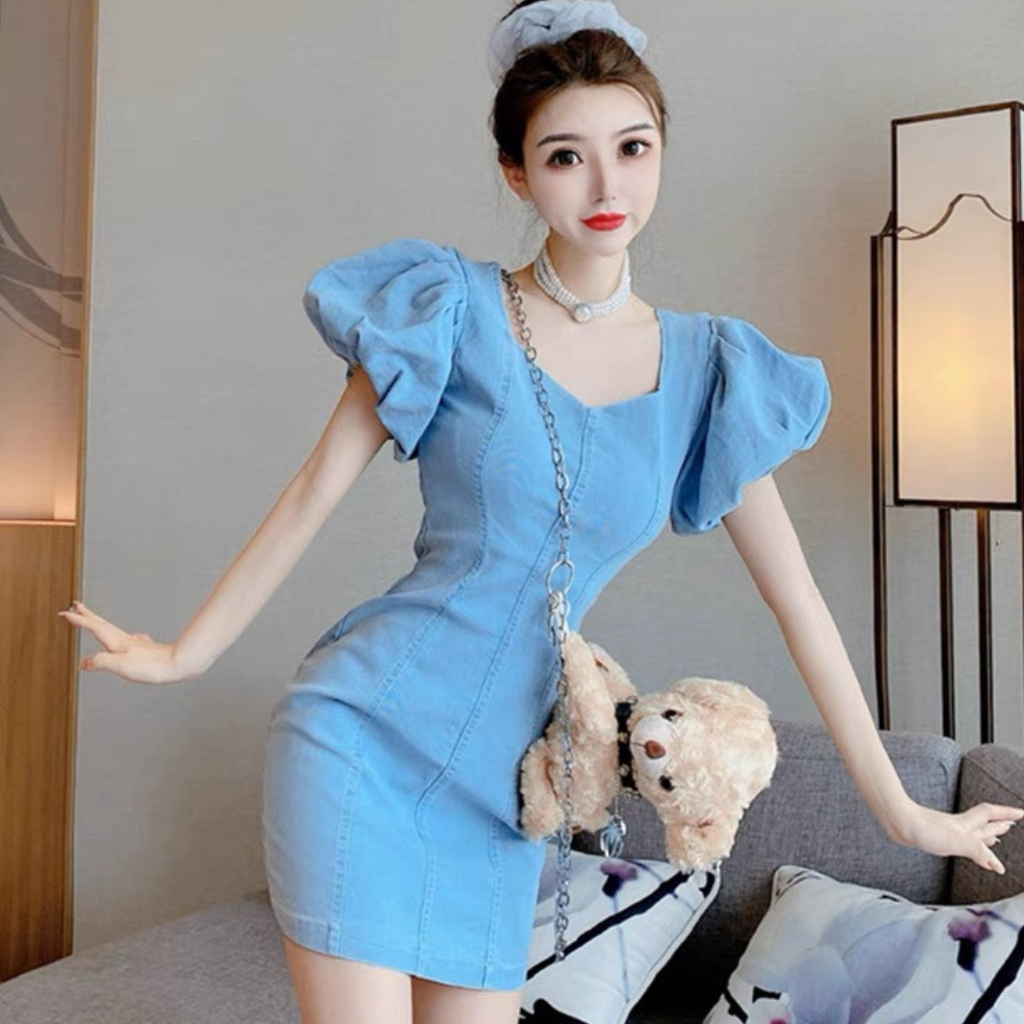Váy jean dáng chữ A thiết kế tay bồng xinh xắn đầm nữ đi chơi dự tiệc sang chảnh Miaclothing V222