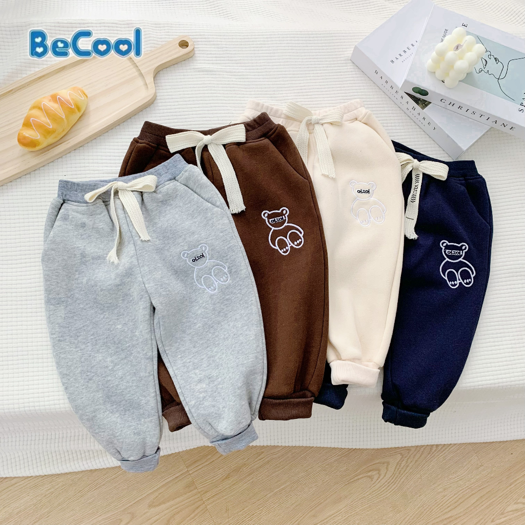 Quần Nỉ Thêu Chú Gấu Cho Bé BECOOL, Quần Thu Đông Nỉ Bông Cao Cấp Cho Bé Từ 10-28Kg