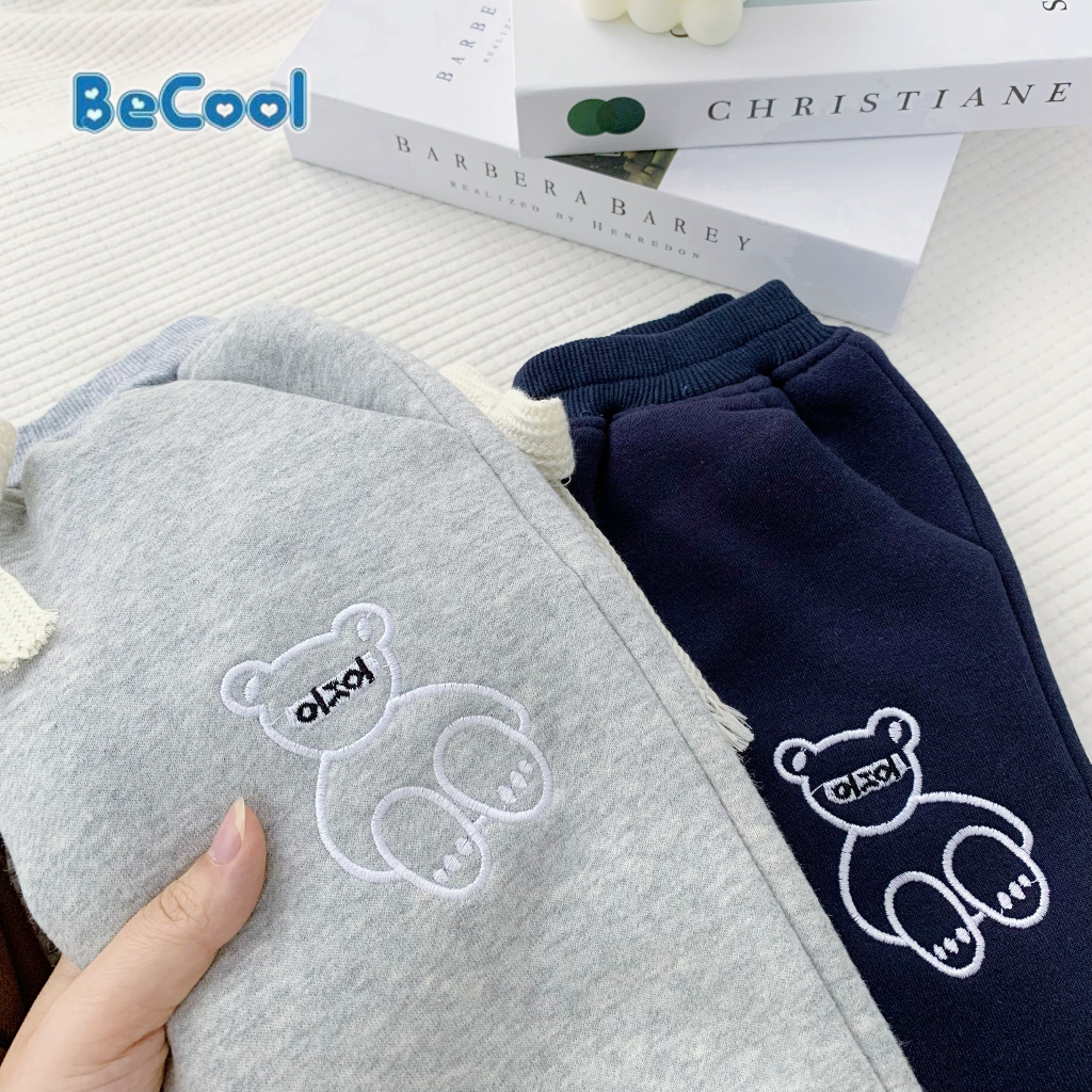 Quần Nỉ Thêu Chú Gấu Cho Bé BECOOL, Quần Thu Đông Nỉ Bông Cao Cấp Cho Bé Từ 10-28Kg