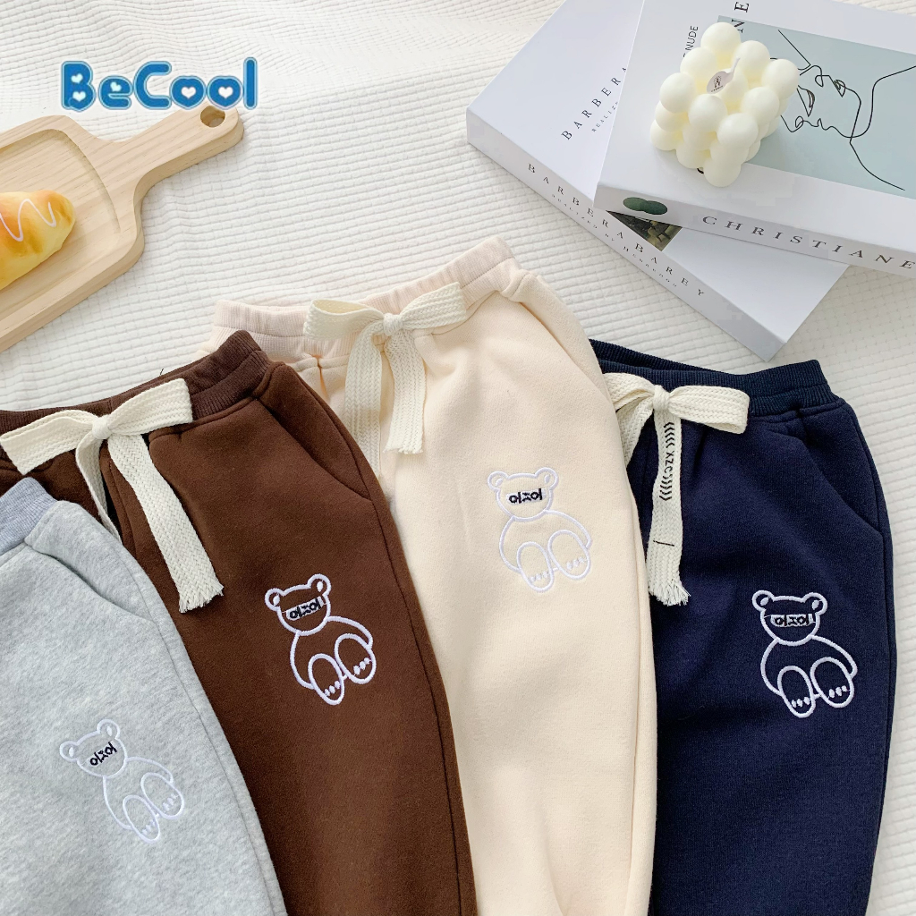 Quần Nỉ Thêu Chú Gấu Cho Bé BECOOL, Quần Thu Đông Nỉ Bông Cao Cấp Cho Bé Từ 10-28Kg