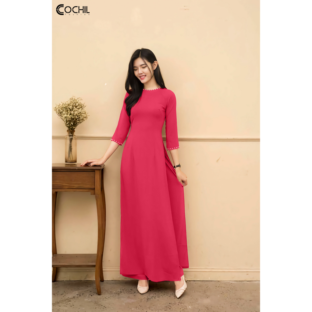 Áo Dài Trơn Cổ Tròn Tay Lỡ Đính Hạt - Hồng Đỏ - Áo Dài COCHIL - AD001