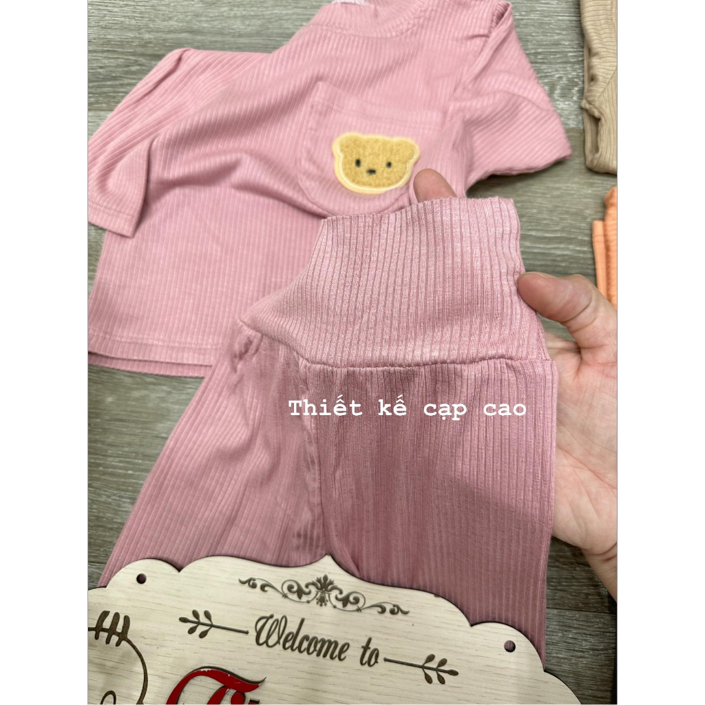 Bộ dài minky mom cài vai tăm lụa cạp cao hình gấu, bộ cạp cao thu đông cho bé sơ sinh