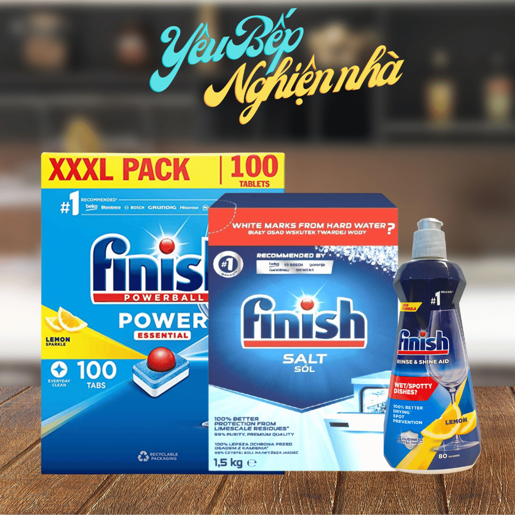 Combo Viên rửa chén bát Finish All in one 100 viên + Muối Finish 1.5kg + Bóng 400ml Hương Chanh