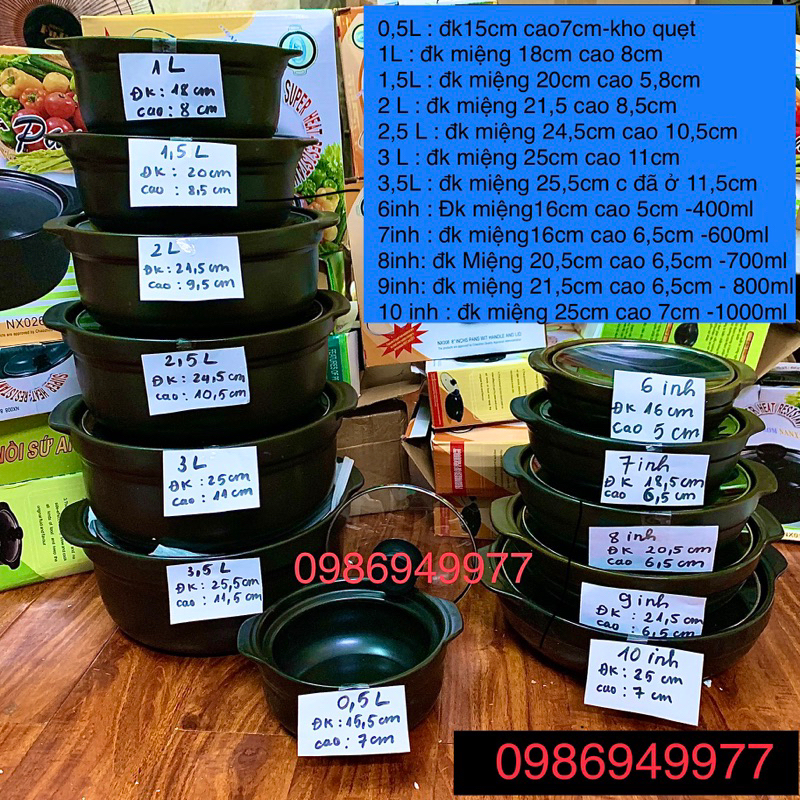 Nồi đất nắp kính dùng kho cá, thịt, nấu mì cay (Có 11 size: 0.5L, 1L, 1.5L, 2L, 2.5L, 3L,3,5L, 6in, 7in, 8in, 9in,10in