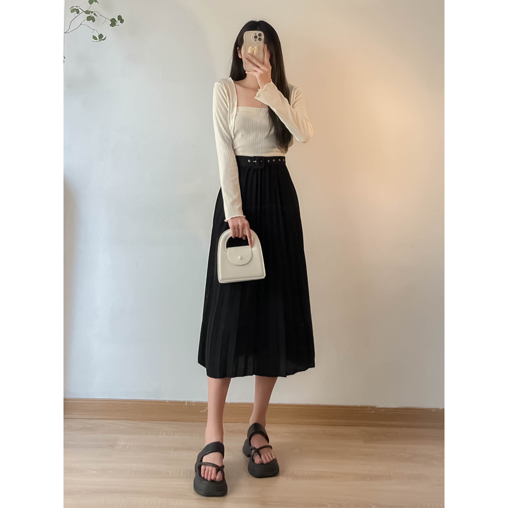 Chân váy xếp ly dài kèm đai hàng quảng châu cao cấp đẹp Hari GenZ 1915 p4k4