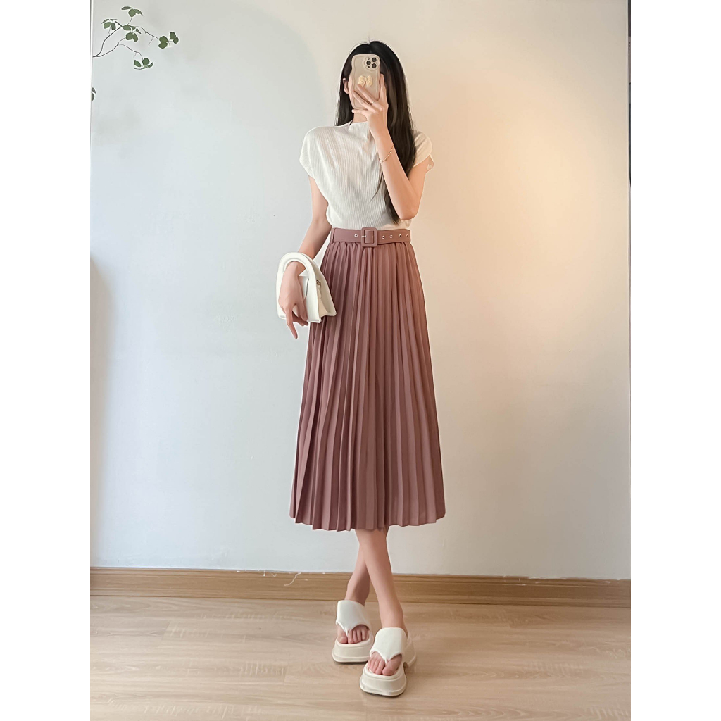 Chân váy xếp ly dài kèm đai hàng quảng châu cao cấp đẹp Hari GenZ 1915 p4k4