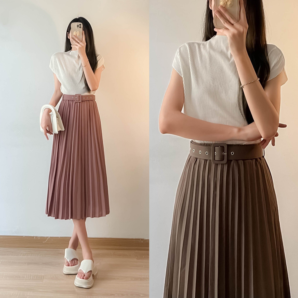 Chân váy xếp ly dài kèm đai hàng quảng châu cao cấp Siêu Hot Jun Store 1915 p4k4