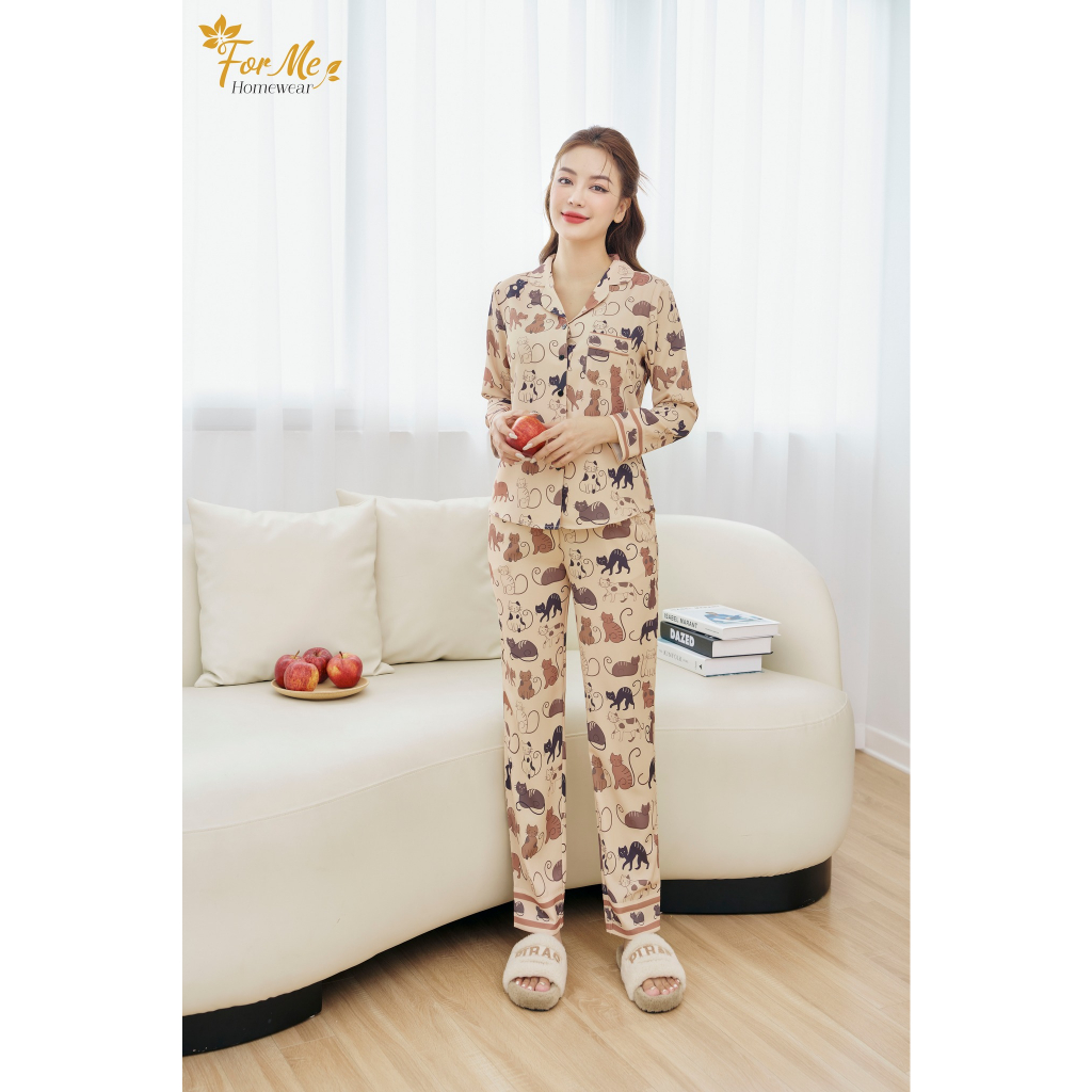 Bộ Mèo Nâu dài tay chất lụa Hàn Châu cao cấp mềm mịn sang trọng, ForMe Pijama