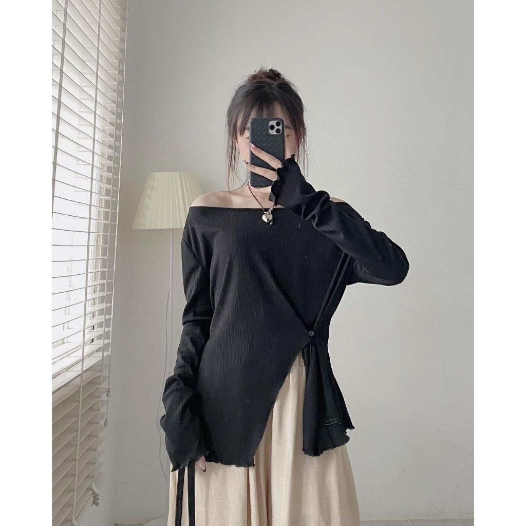 ÁO LỆCH VAI XẺ VẠT DÀI TAY CÚC CÀI EO VICKY SIÊU XINH PHONG CÁCH HÀN QUỐC