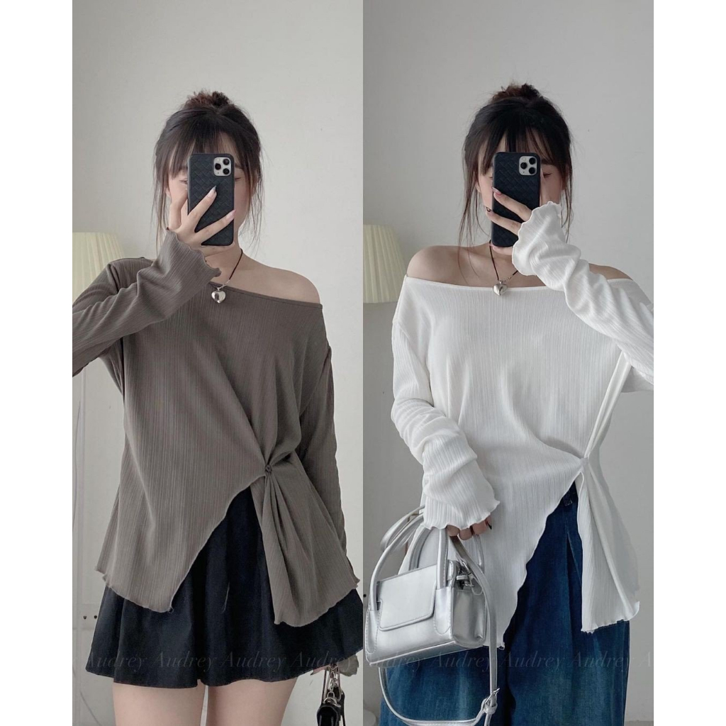 ÁO LỆCH VAI XẺ VẠT DÀI TAY CÚC CÀI EO VICKY SIÊU XINH PHONG CÁCH HÀN QUỐC