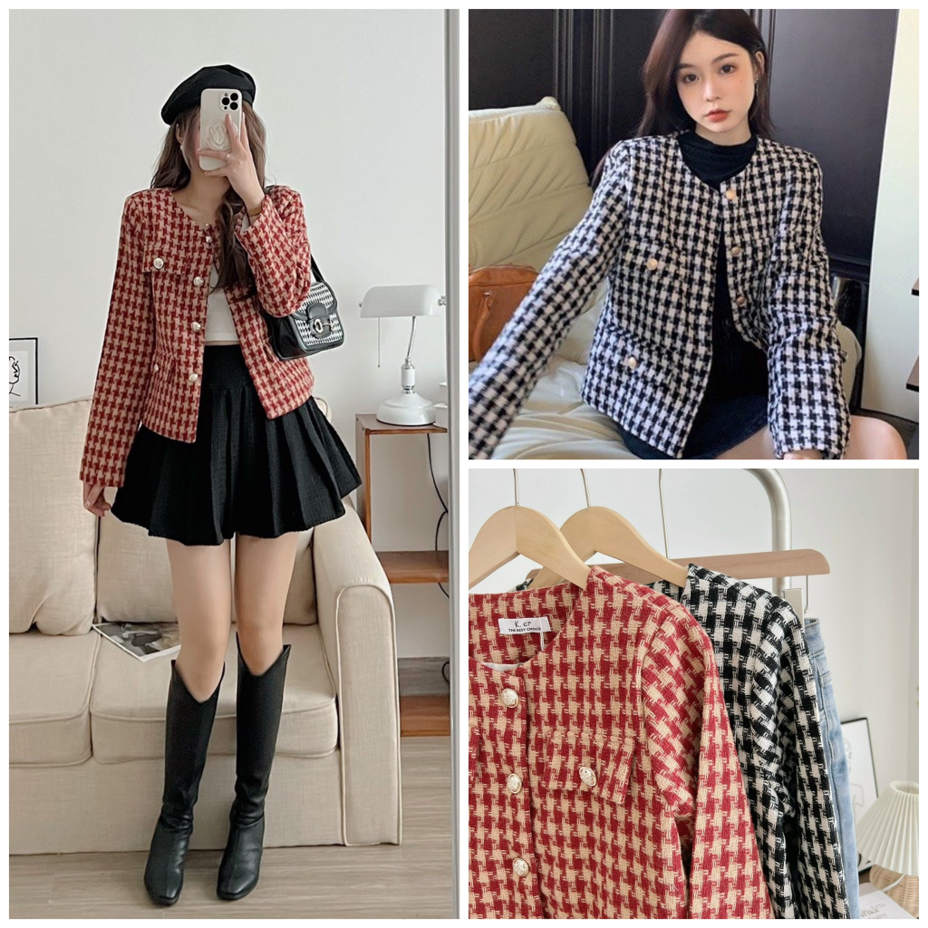 ÁO KHOÁC DẠ KẺ TWEED KHUY ĐỒNG PHONG CÁCH HÀN QUỐC