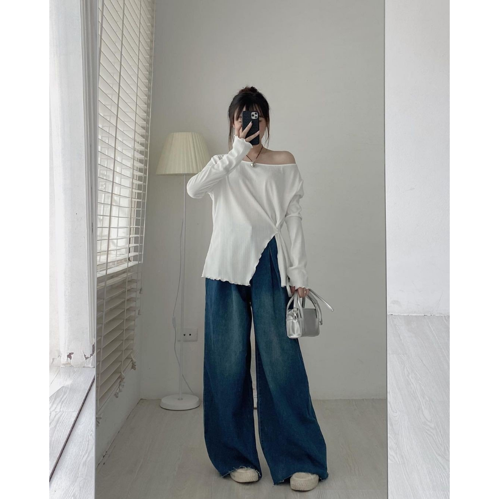 ÁO LỆCH VAI XẺ VẠT DÀI TAY CÚC CÀI EO VICKY SIÊU XINH PHONG CÁCH HÀN QUỐC