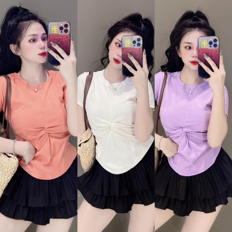 Áo dáng ôm nữ XOẮN BỤNG tay ngắn phom dài ( 787 )
