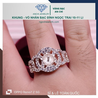 Khung vỏ nhẫn, phôi nhẫn bạc gắn hạt trai / hạt đá 10mm - 11mm, Anchi jewelry
