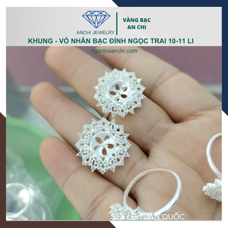 Khung phôi nhẫn bạc, vỏ nhẫn gắn đá / hạt trai 10mm - 11mm, Anchi jewelry
