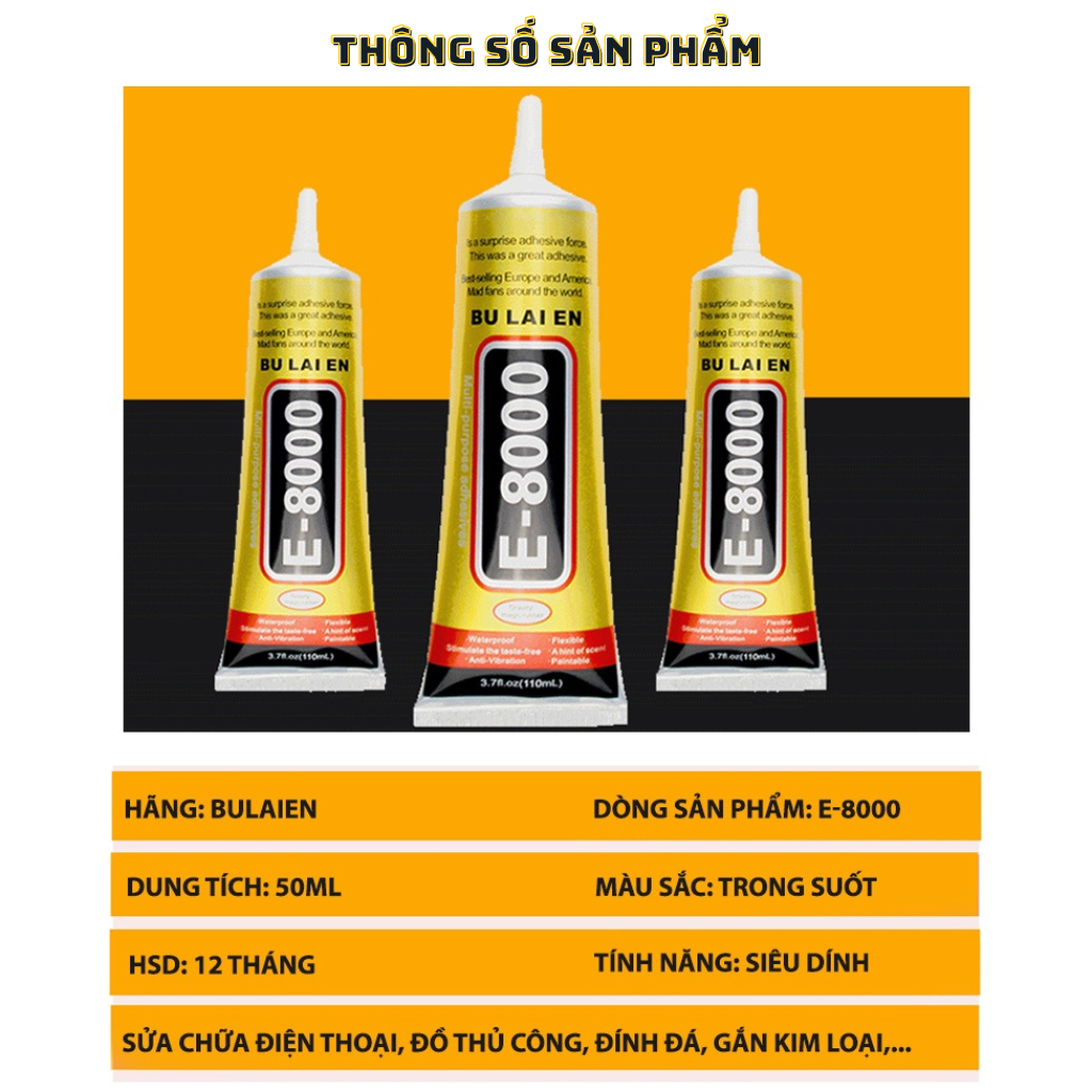 Keo dán đa năng siêu chắc E8000 50ml Bulaien, Dán Thủ Công Handmade, Keo Dẻo Acrylic Dán Gioăng Màn hình điện thoại