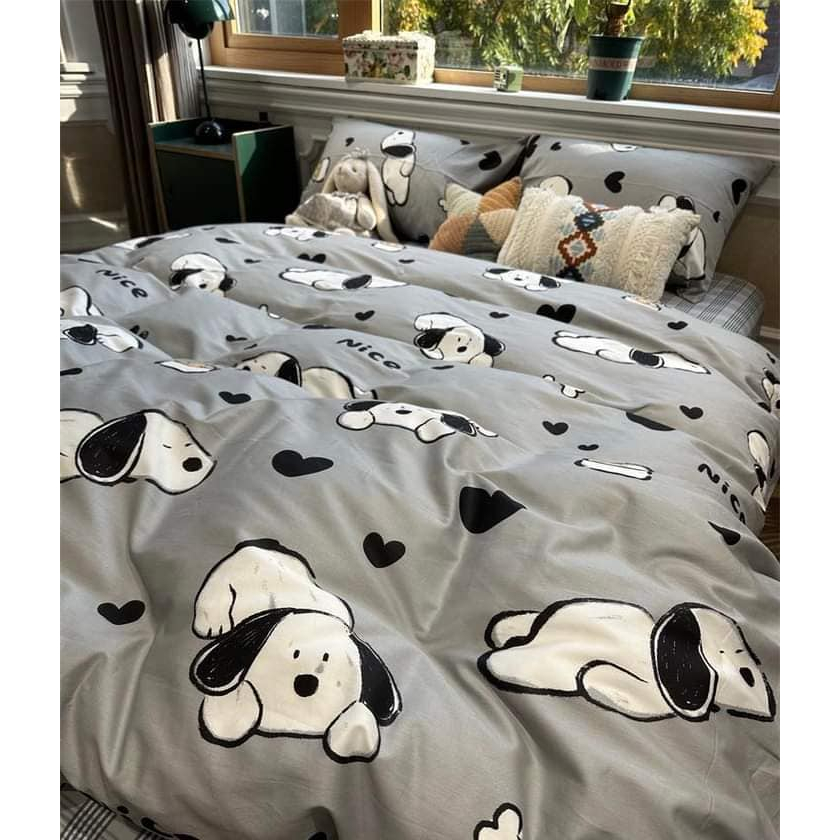 Bộ chăn ga gối , drap giường chất cotton poly họa tiết chó ngủ