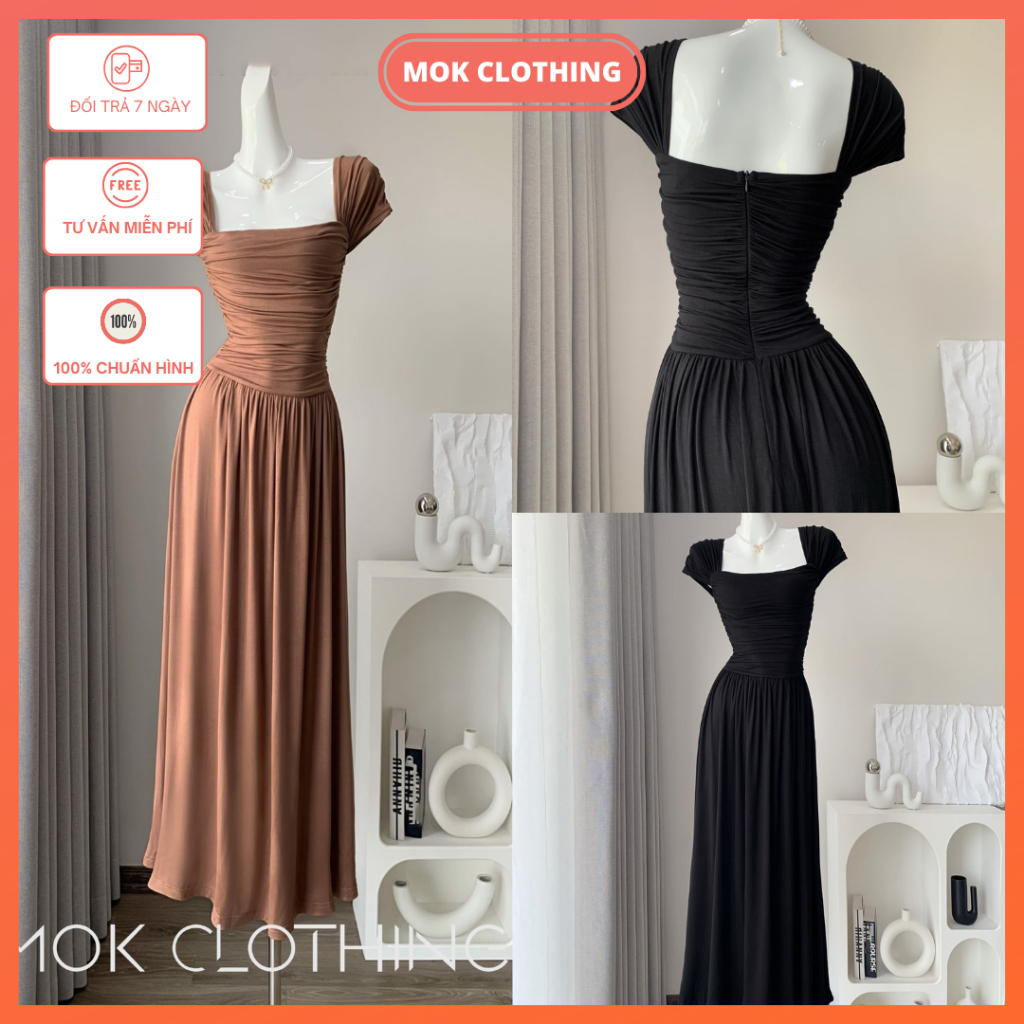 Váy nữ dáng maxi dài kiểu nhún tay ngắn cổ vuông siêu xinh, thiết kế mùa hè đi chơi đi du lịch | BigBuy360 - bigbuy360.vn