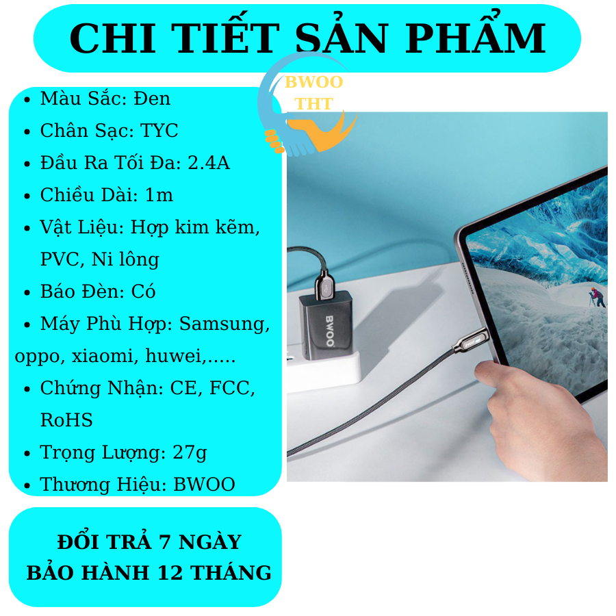Dây sạc Usb To Tyc BWOO Chính hãng cho các dòng máy samsung oppo xiaomi huwei...BH 12 Tháng