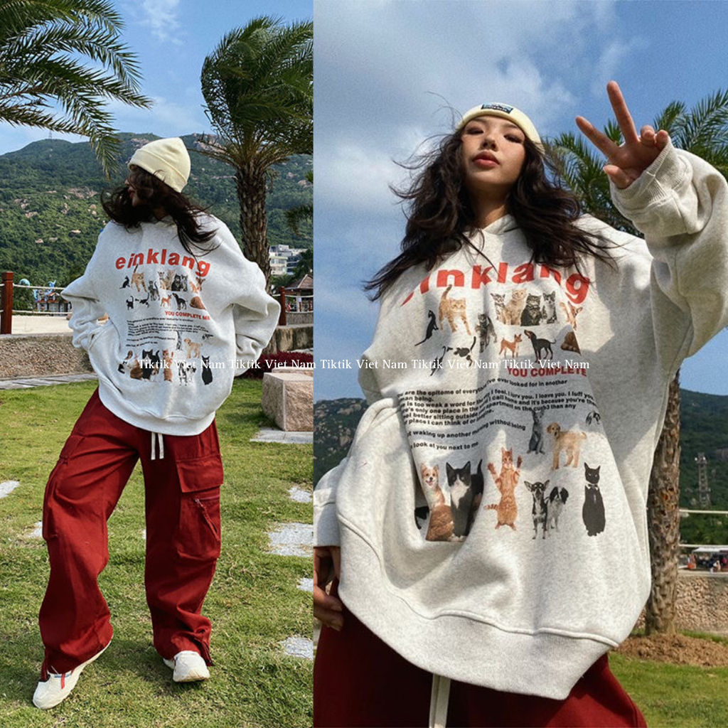 Áo hoodie unisex form rộng lót nỉ màu ghi hoạ tiết mèo đáng yêu