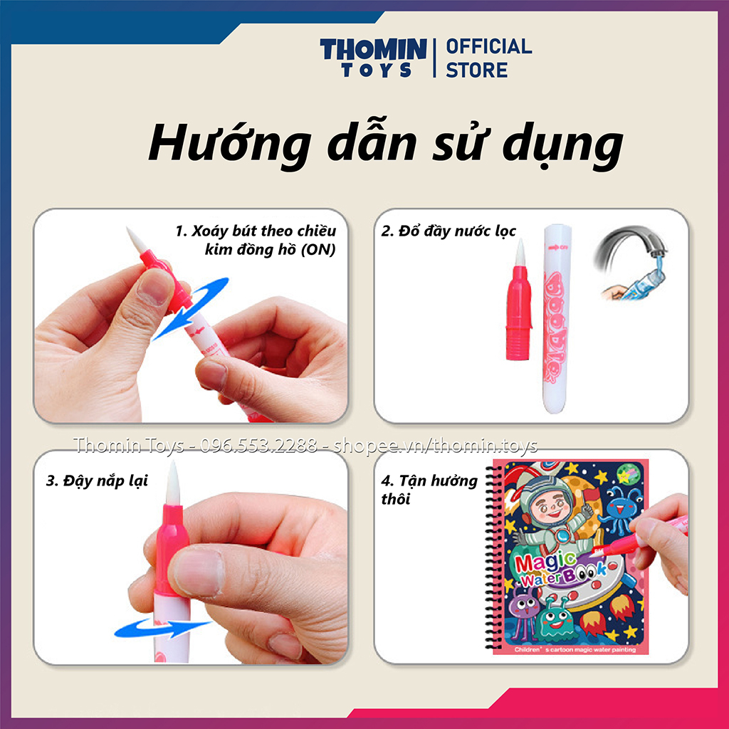 Tranh tô màu nước ma thuật, Tập tô màu cho bé tự xóa thần kỳ Không giới hạn Magic Water Book kèm bút nước