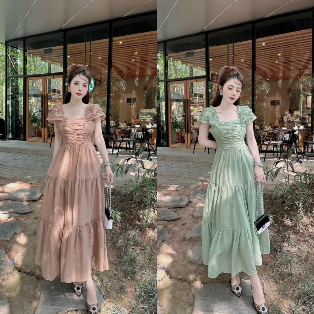 Đầm váy nữ tay xòe bèo xinh xắn họa tiết nhún ngực trẻ trung dễ thương 2 màu thanh lịch đi chơi dự tiệc