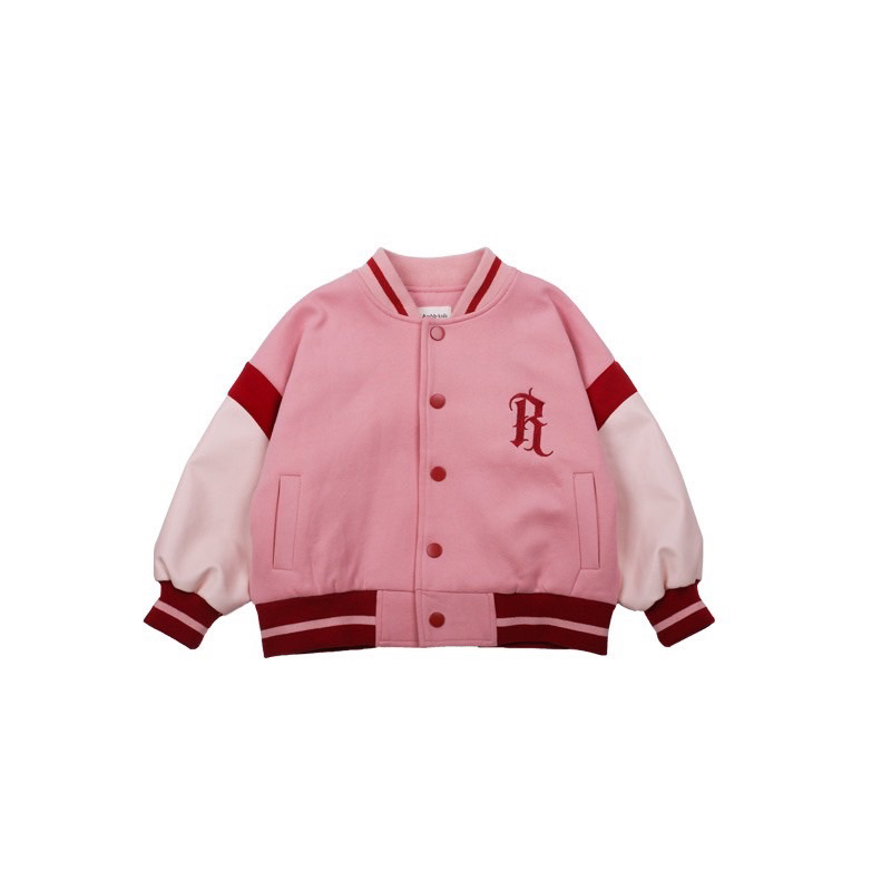 Áo nỉ bomber thêu chữ màu hồng mix tay trắng cho bé gái