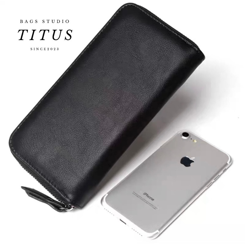 Ví dài cầm tay nam nữ, chất liệu da lì đen trơn Titus 19x10x2cm.