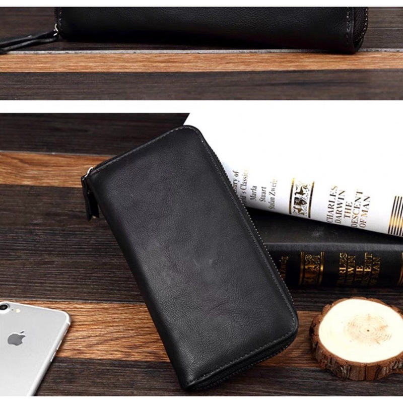 Ví dài cầm tay nam nữ, chất liệu da lì đen trơn Titus 19x10x2cm.