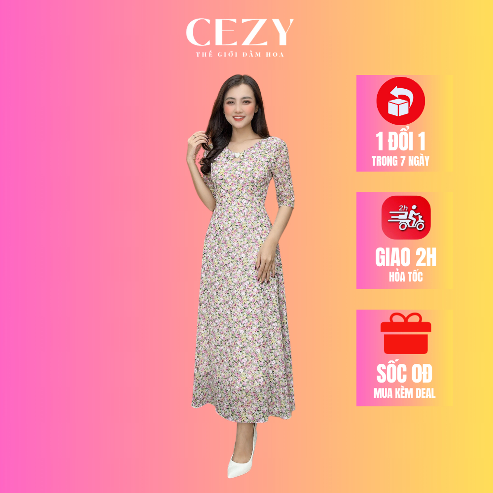 Đầm hoa bigsize 45kg-80kg CEZY cổ tim dáng dài có lót chất Voan hàn mềm mát D219