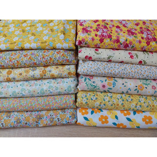 Vải thô cotton twill 1m - khổ 1m5, thô hoa tone vàng