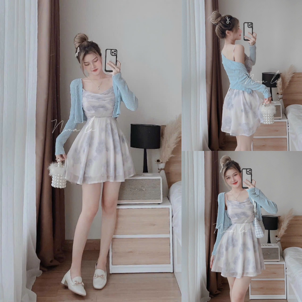 Đầm Nữ Xòe 2 Dây Cổ Đổ Phối Áo Khoác Cotton Dài Tay Họa Tiết (Có Mút) Sam Closet Phù Hợp Để Tới Công Sở, Đi Làm