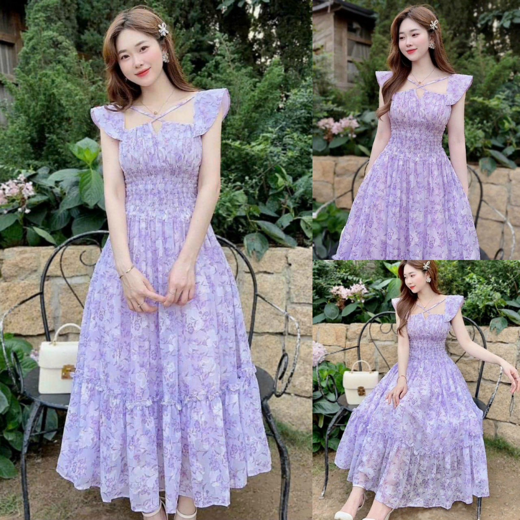 Đầm Nữ Voan Chạy Mocking Eo Hoa Vai Cánh Tiên Xếp Tầng Dây Cổ Sam Closet Phù Hợp Để Tới Công Sở, Đi Làm Hoặc Đi Chơi