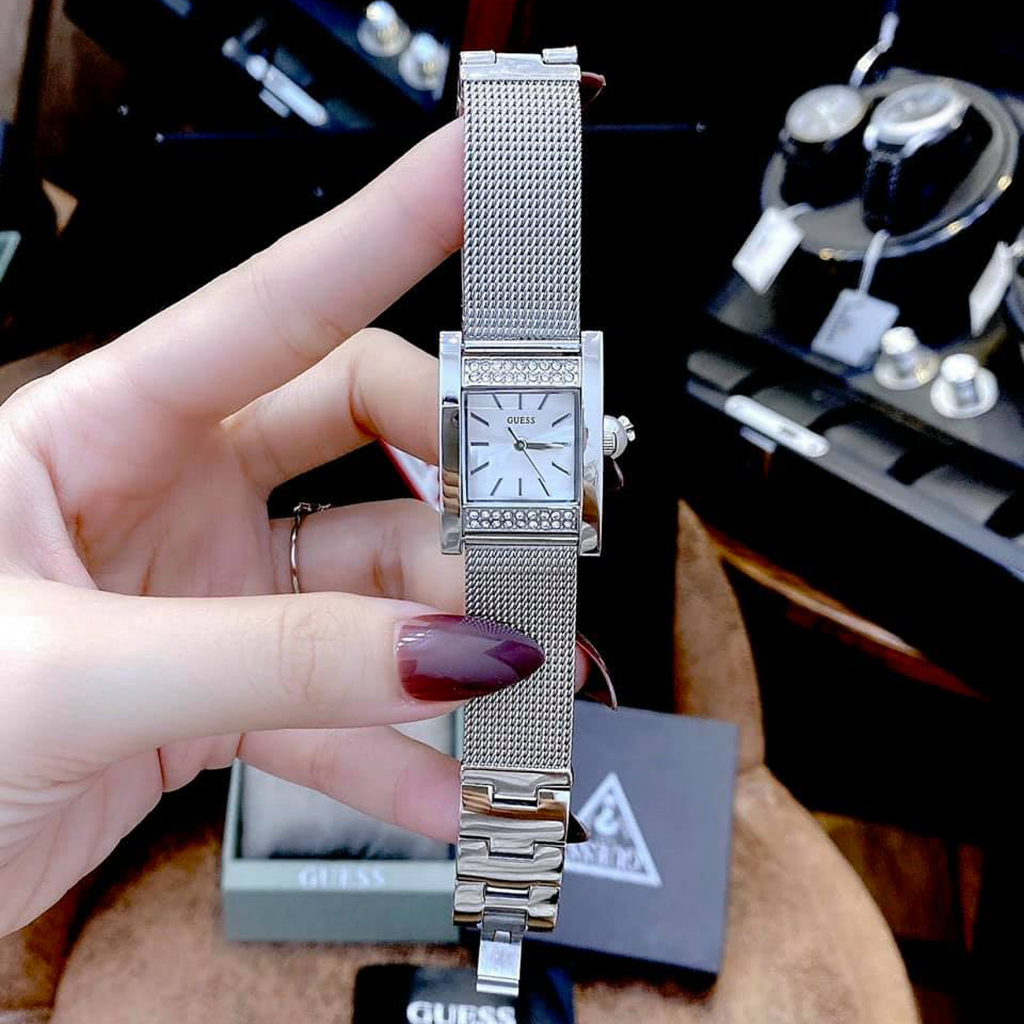 Đồng Hồ Nữ Guess JAPAN WATCH Mặt Vuông Thiết Kế Viền Đính Đá Dây Kim Loại Lưới Thép Không Gỉ Bạc