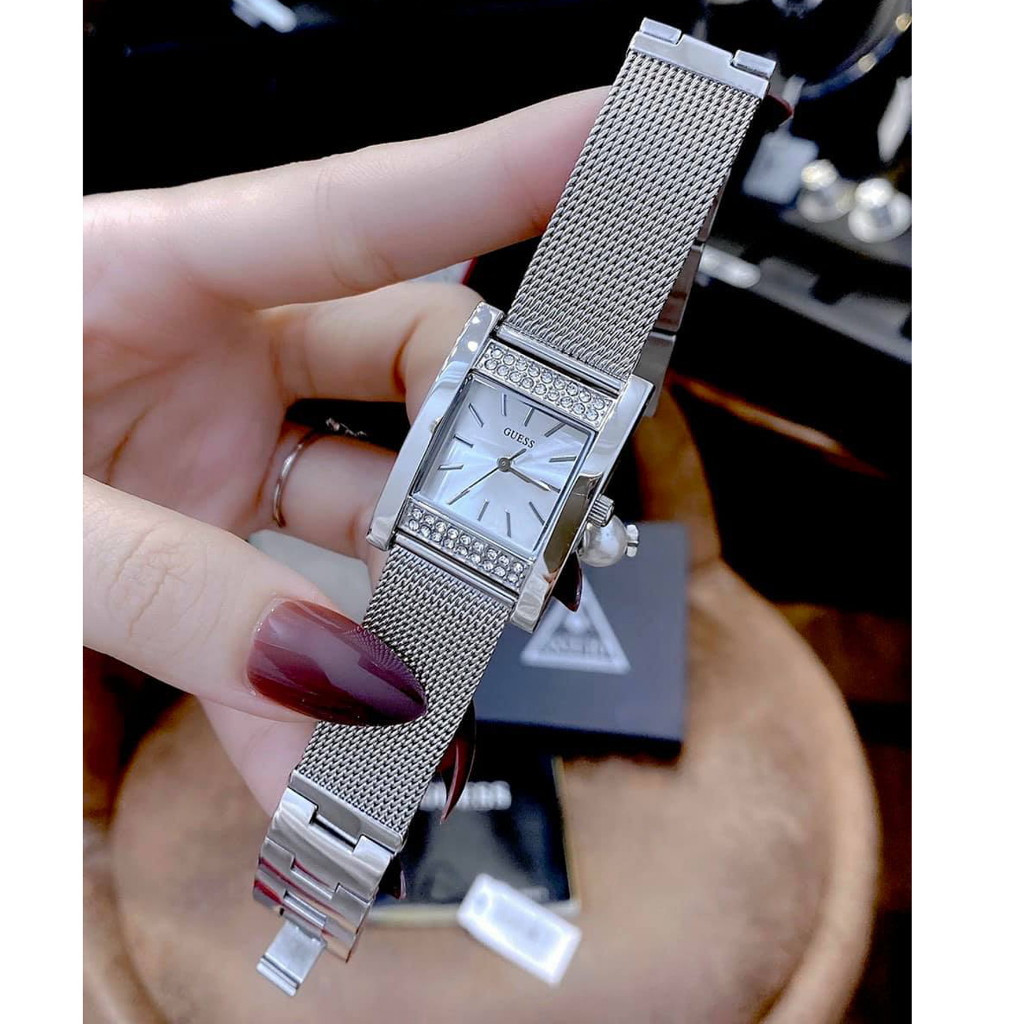Đồng Hồ Nữ Guess JAPAN WATCH Mặt Vuông Thiết Kế Viền Đính Đá Dây Kim Loại Lưới Thép Không Gỉ Bạc